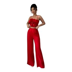 Elegant Red Women's  2 Piece Flower Embelished  Set